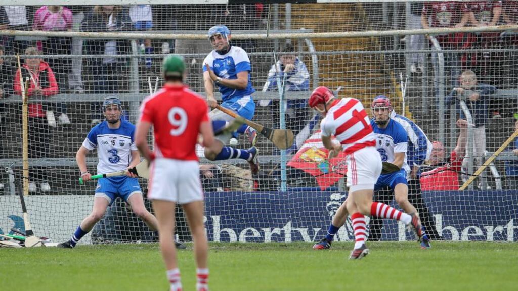 Waterford goalkeeper Stephen O’Keeffe charges down Anthony Nash’s penalty during the Munster SHC  quarter-final replay at Semple Stadium.  Photograph: Cathal Noonan/Inpho