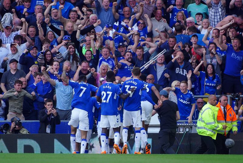 Everton’s Abdoulaye Doucoure celebrates scoring in front of fans during the Premier League match against Bournemouth at Goodison Park, Liverpool. Photograph: Peter Byrne/PA Wire