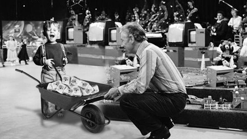 The Late Late Toy Show 1974, featuring Gaybo and  a child with a wheelbarrow filled with smoke alarms