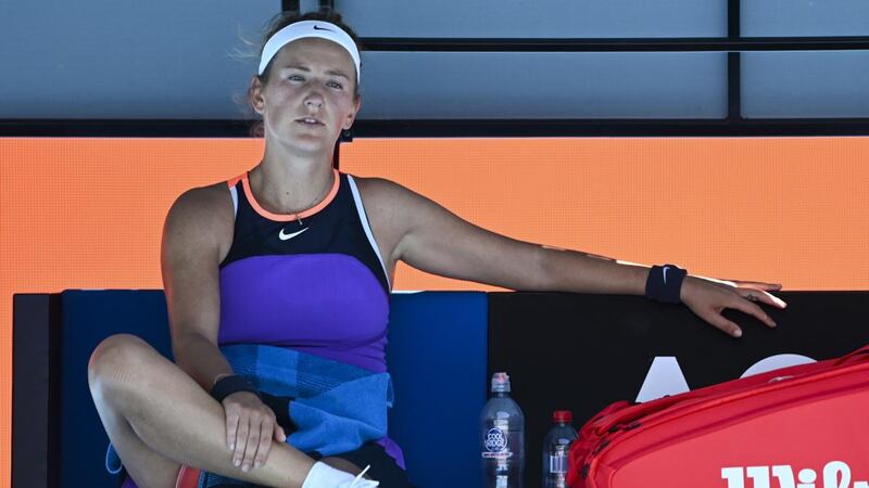 Victoria Azarenka reacts during a break during her first-round match against Jessica Pegula. Photograph: Dave Hunt/EPA