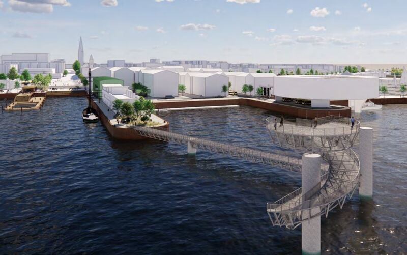 Dun Laoghaire Harbour masterplan: Image of planned development of St Michael's Pier Garden and Lookout Tower, with the proposed new conference centre to the right. Image: Dún Laoghaire-Rathdown County Council