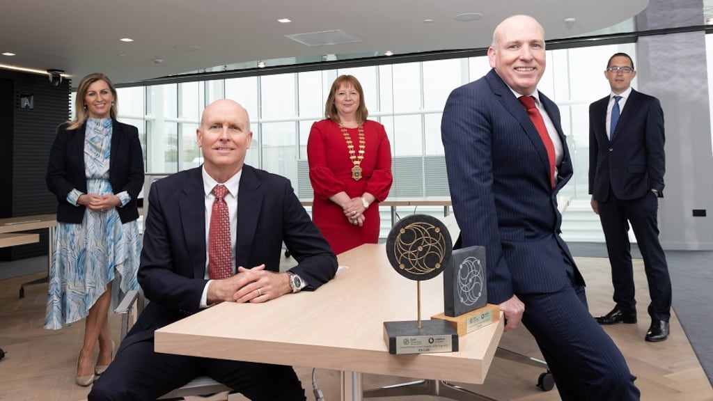 Eli Lilly, selected as Cork Company of the Year 2021 by Cork Chamber. Collecting the award are Todd Winge, vice president and general manager at Eli Lilly in Kinsale, and Mike Smith, general manager at Eli Lilly’s GBS Centres in Cork, Kuala Lumpur and Mexico City, with Elaine Collins of Vodafone Ireland, Paula Cogan, Cork Chamber President, and Conor Healy, CEO of Cork Chamber. Picture: Darragh Kane