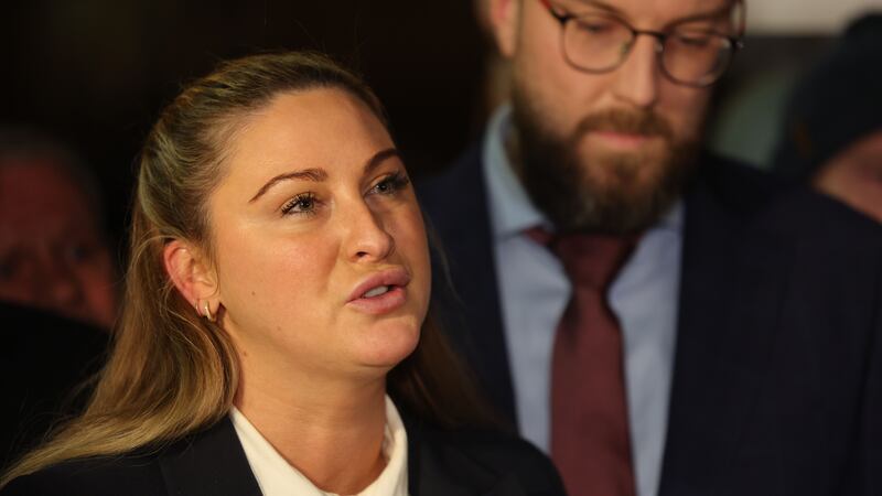 Nikita Hand speaking to media after she won her case against Conor McGregor. Photograph: Alan Betson
