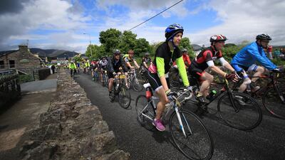 General view as the The Ring of Kerry Charity Cycle passes through Sneem Village. Photograph: Nick Bradshaw