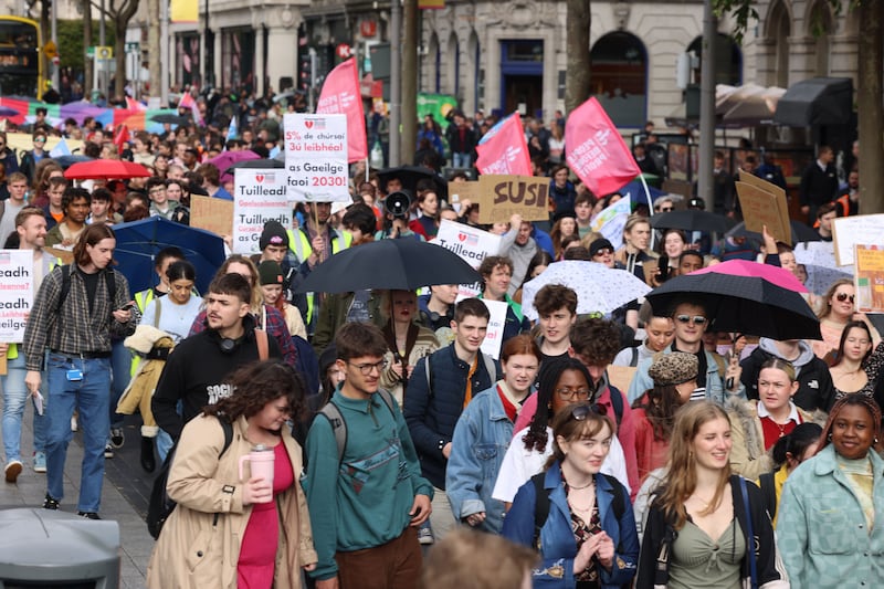 Union of Students in Ireland supporters march through Dublin in 2023 to demand Government use its €65 billion ‘rainy day’ fund to tackle the student accommodation crisis.
Photograph: Dara Mac Dónaill/ The Irish Times