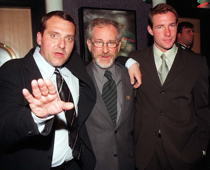 Steven Spielberg flanked by Tom Sizemore (left) and Edward Burns: 'For me to get Spielberg and Tom Hanks as two mentors was amazing. As a film-maker it was like going to graduate film school.' Photograph: Stefan Rousseau/PA