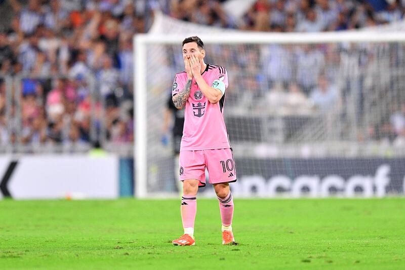 Lionel Messi of Inter Miami reacts against Monterrey in the first half during the Concacaf Champions Cup 2024 Round of 16 second leg at BBVA Stadium. Photograph: Azael Rodriguez/Getty