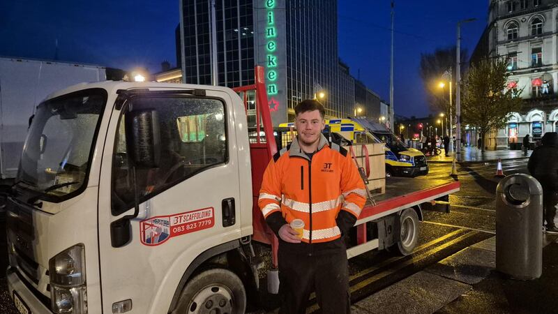 Business owner Tom Sherlock is one of drivers of seven vehicles parked on O'Connell Bridge 'for the night, and as long as needs be'. Photograph: Hugh Dooley