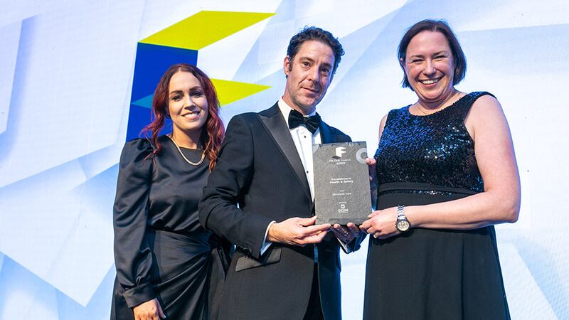 Diarmuid Condon, managing director and owner, Dcon Safety Consultants Limited, presents the Excellence in Health and Safety award to Fiona O’Reilly and Janet Fitzpatrick, Structure Tone.