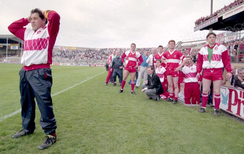 Derry manager Eamonn Coleman looks on as his side play Tyrone in the league final of 1992. File photograph: Inpho