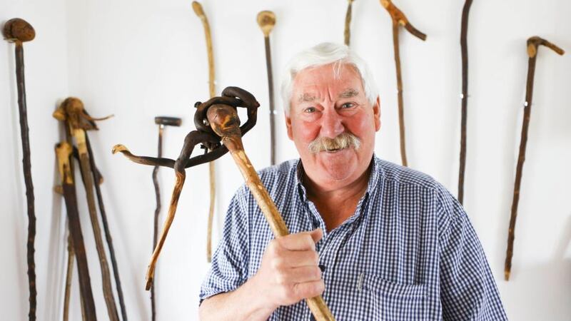 Seanie Barron, a seanachaí from Askeaton, Co Limerick, who makes  walking sticks with embedded coins, bullets and animal bones. Photograph:  Brian Gavin/Press 22