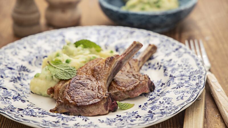Lamb chops with minty peas and mustard mash. Photograph: Harry Weir
