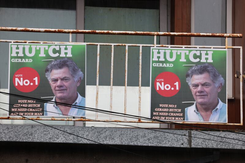Gerard Hutch election posters above Corinthians boxing club in Summerhill, Dublin. Photograph: Dara Mac Dónaill 