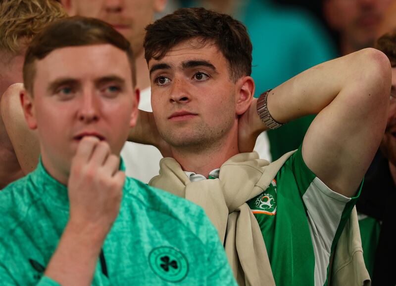 Crestfallen Irish fans after Hungary go 2-0 up. Photograph: James Crombie/INPHO.