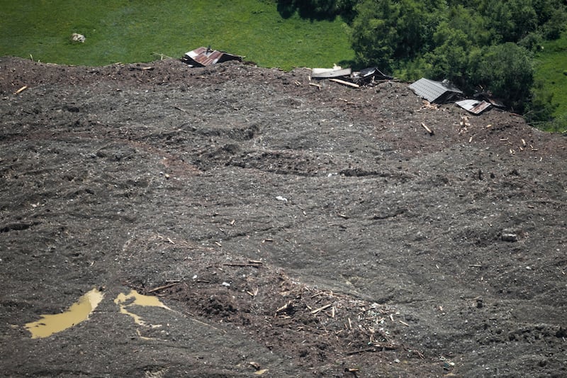 The scene on Thursday after the huge Birch Glacier collapsed the day before and destroyed the evacuated small village of Blatten in the Swiss Alps. Photograph: Fabrice Coffrini/AFP via Getty Images