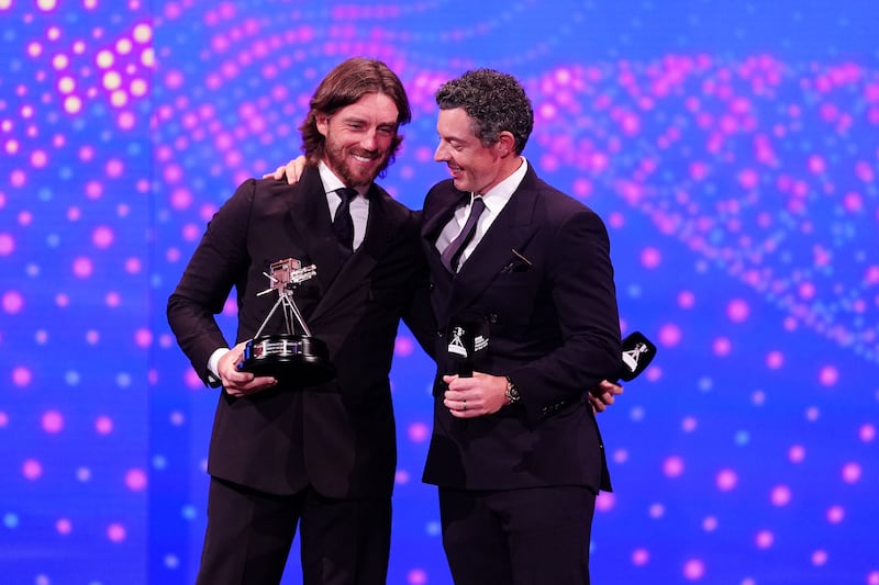 Rory McIlroy and Tommy Fleetwood after receiving the award for Team of the Year. Photograph: David Davies/PA