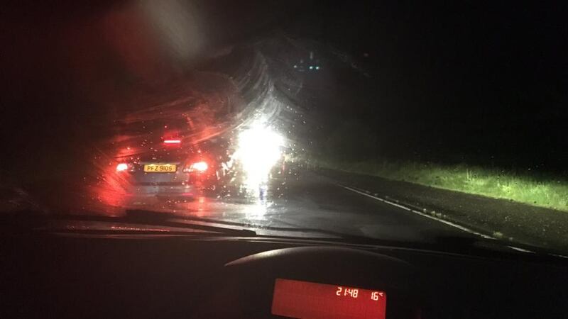 A view from Freya McClements’s car as she was turned back at Greysteel by police and the fire service. Photograph: Freya McClements