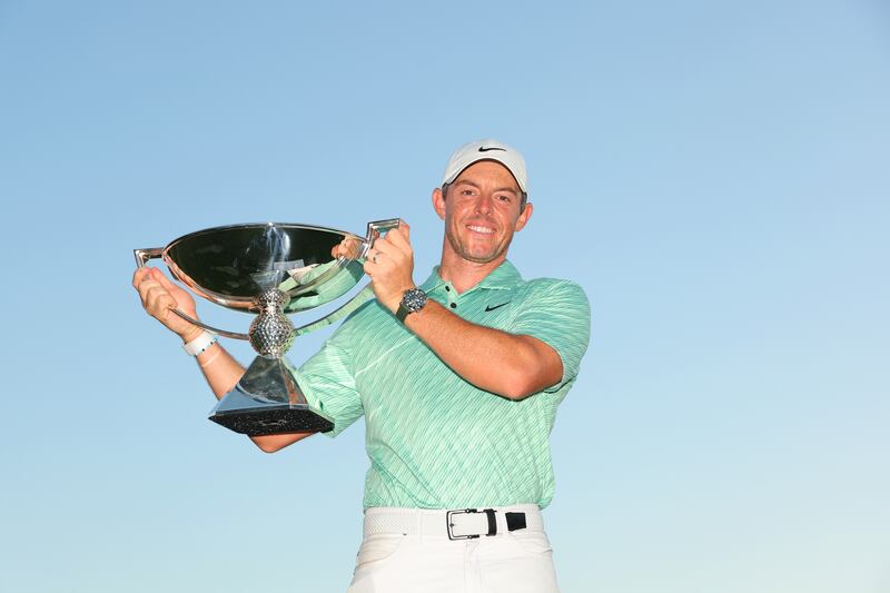 Rory McIlroy celebrates with the FedEx Cup at East Lake Golf Club in Atlanta, Georgia. Photograph: Kevin C Cox/Getty Images
