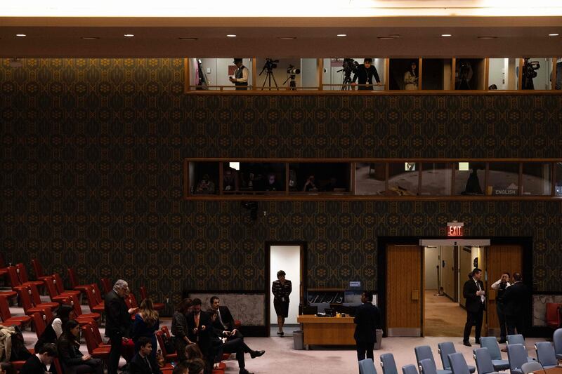 A person in the chamber before the United Nations Security Council meeting on the maintenance of peace and security of Ukraine at UN headquarters in New York. Photograph: Yuki Iwamura/AFP