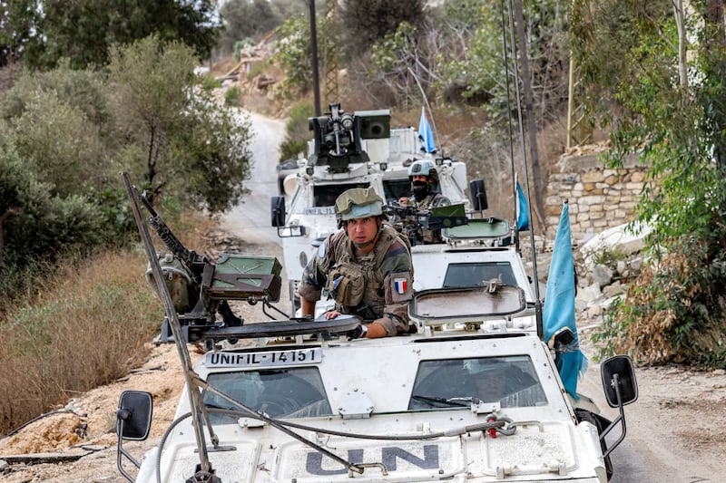 Armoured Unifil vehicles on patrol at a position formerly held Iran-backed Hizbullah in the Khraibeh Valley in el-Meri, south Lebanon on August 27th. Photograph: Anwar Amro/AFP via Getty