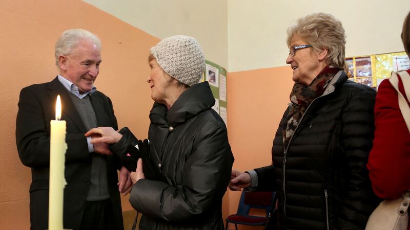 Fr Tony Flannery meets supporters after a Mass to mark his 70th birthday, at Killimordaly Community Hall, Co Galway on Sunday. Photograph: Joe O’Shaughnessy