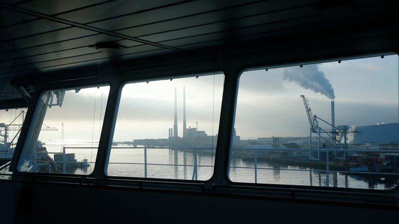 A view of Dublin Port from the bridge of the ‘MV Laureline’ looking east to the port entrance and Poolbeg chimneys. Photograph: Nick Bradshaw