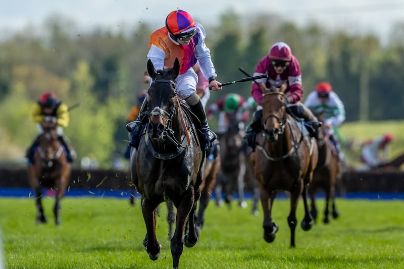 Jockey Sean Bowen celebrates Haiti Couleurs win in the BoyleSports Irish Grand National at Fairyhouse. Photograph: Morgan Treacy/Inpho