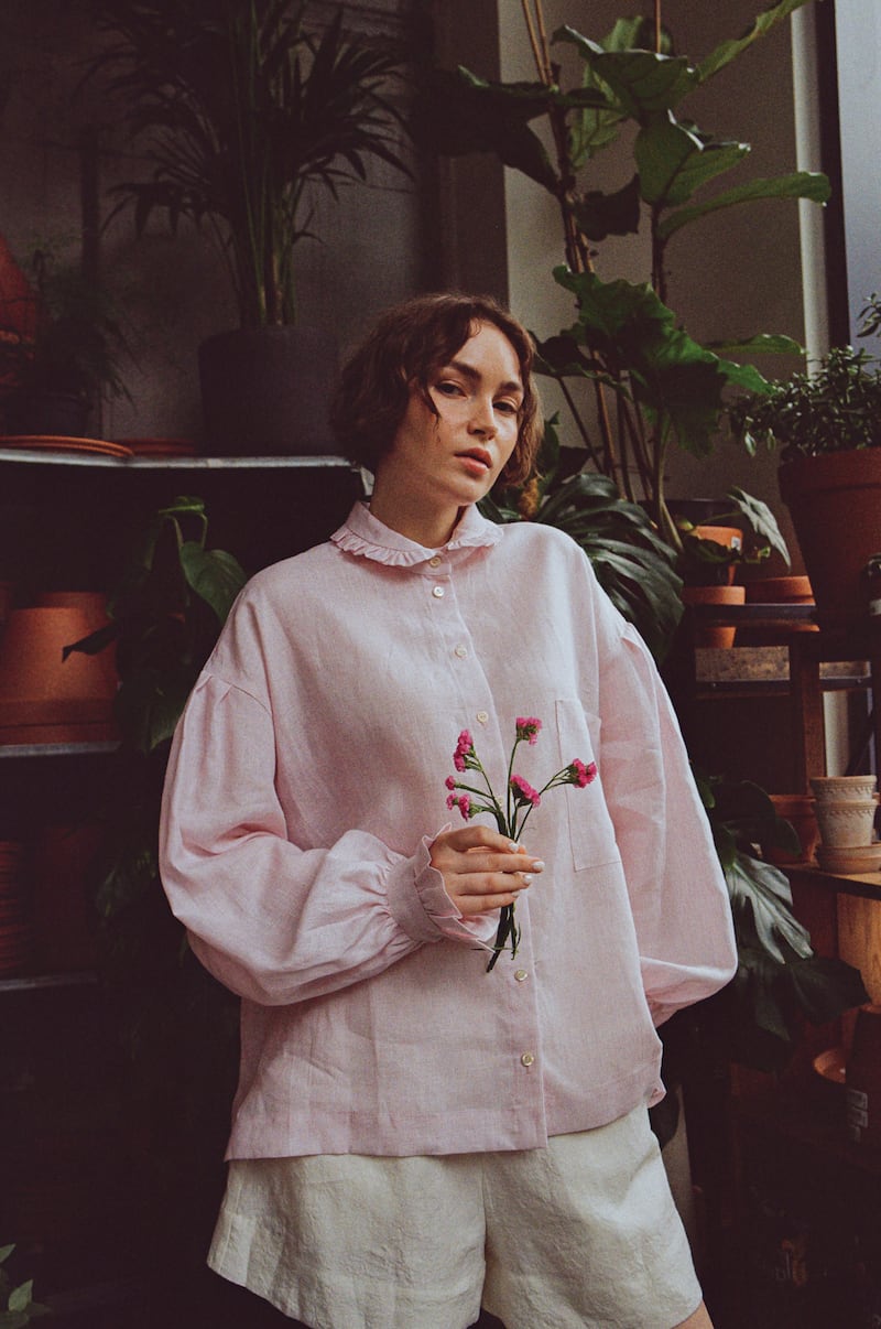 Light pink pinstripe tumble washed Irish linen Maud shirt €260 with linen summer shorts  €250