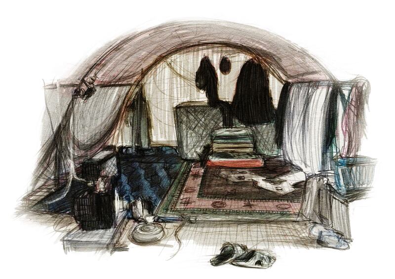 Marwan’s two brothers are in Turkey, while he lives alone in a single tent in a displaced person’s camp. His father has disappeared.  Illustration: Marc Corrigan