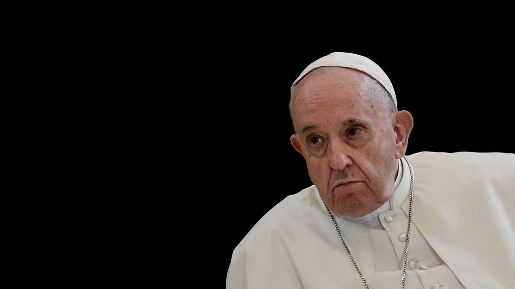 Pope Francis pictured at  the Basilica di Santa Maria degli Angeli, near Assisi, on November 12, 2021. Photo by Filippo Monteforte / AFP