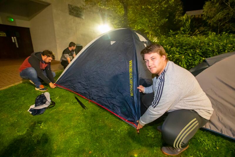 Patrick Curtin, student president at South East Technological University's Waterford campus, with Martin Flynn and Bryan O’Mahony, highlighting its "sleep out" to raise awareness of the student accommodation crisis. Photograph: Patrick Browne