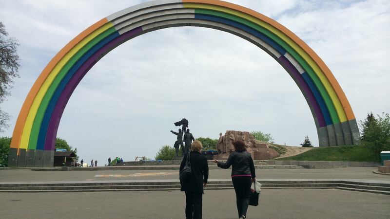For Eurovision, Kiev council ordered a Soviet-era monument to be redecorated in rainbow colours and renamed the “Arch of Diversity”. Photograph: Daniel McLaughlin