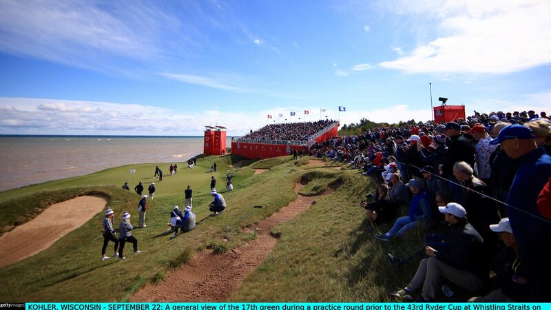 The  17th at Whistling Straits is one of the most treacherous par threes in the world of golf. Photograph: Mike Ehrmann/Getty Images