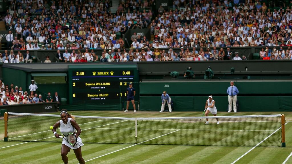 On the run: Serena Williams is outplayed during the women’s singles final on Saturday against Simona Halep. Photograph: PA