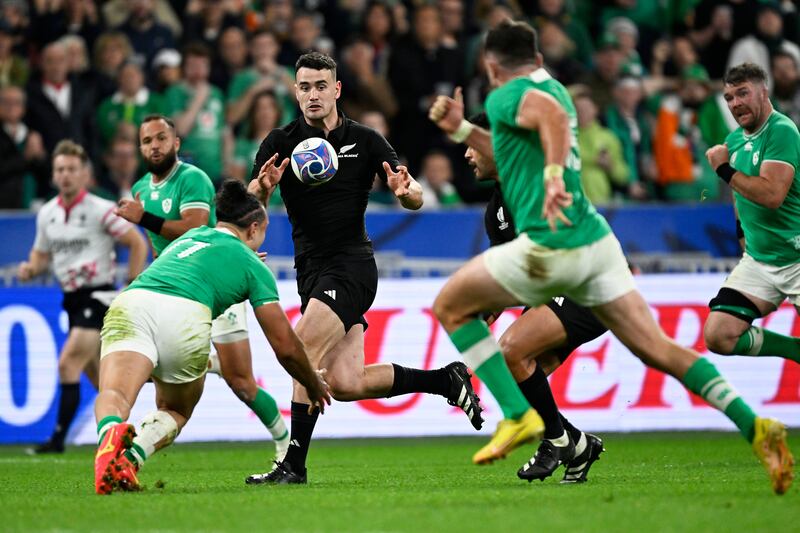 Will Jordan on his way to scoring a try against Ireland from almost nothing, deep in the New Zealand half. Photograph: Andrew Cornaga/Photosport/Inpho 