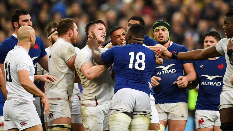 Tempers flare during  France’s win over England. Photograph: Martin Bureau/Getty/AFP