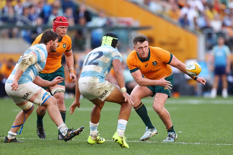 Angus Bell passes the ball during Saturday's Australia v Argentina game. Photograph: Jason McCawley/Getty