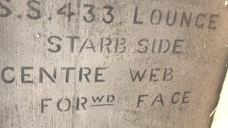 The reverse of one of the oak first-class lounge panels made for the HMHS Britannic, bearing the ship’s number 433
