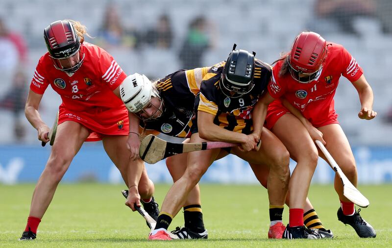 Cork’s Ciara O'Sullivan and Fiona Keating with Michaela Kenneally and Katie Power of Kilkenny. Photograph: James Crombie/Inpho