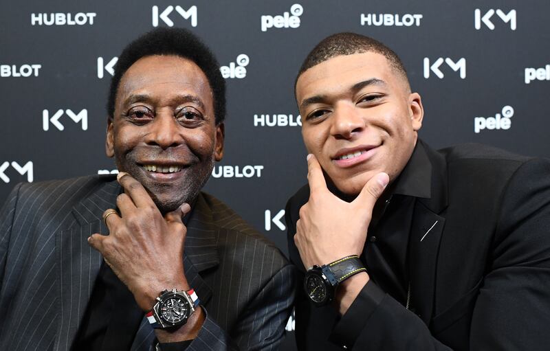 France forward Kylian Mbappé and Pelé pose during their meeting at the Hotel Lutetia in Paris on April 2nd, 2019. Photograph: Franck Fife/AFP via Getty Images