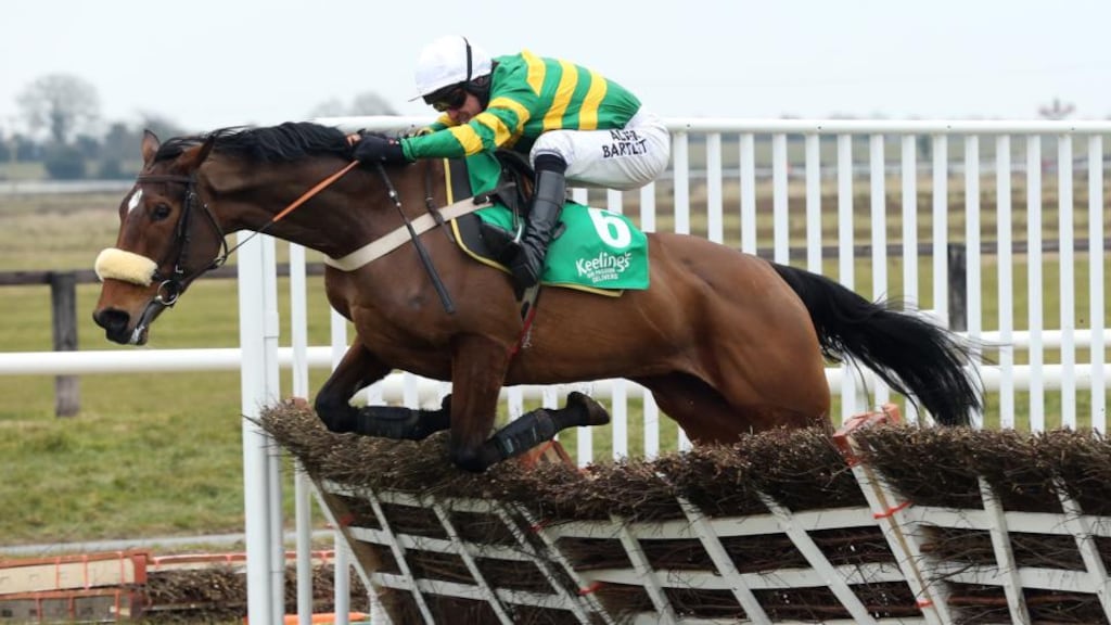 Dressedtothenines clears the last hurdle on the way to winning the Keelings Irish Strawberry Hurdle at Fairyhouse’s Easter meeting.