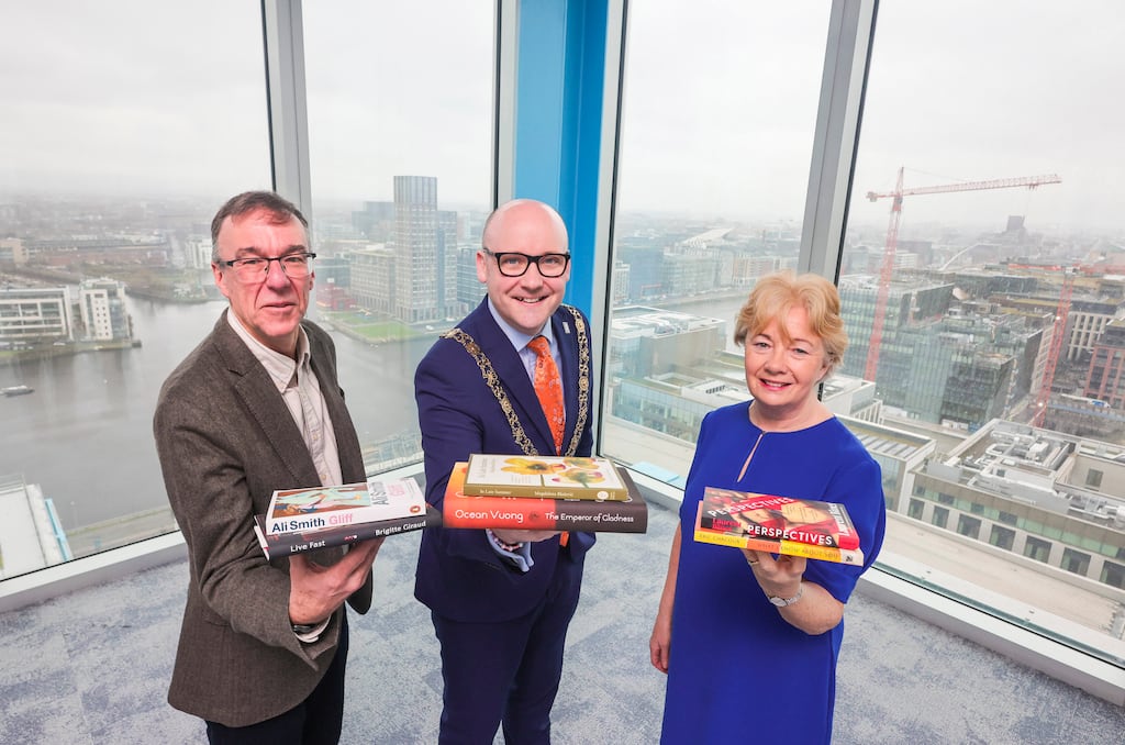 Dublin Literary Award: Chair of the judging panel Prof Chris Morash, Lord Mayor of Dublin Councillor Ray McAdam, and Dublin City librarian Mairead Owens with the six novels shortlisted for the 2026 award, sponsored by Dublin City Council. Photograph: Chris Bellew/Fennell Photography