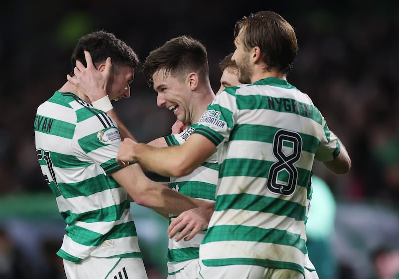 Kieran Tierney celebrates scoring Celtic's third goal. Photograph: Ian MacNicol/Getty Images