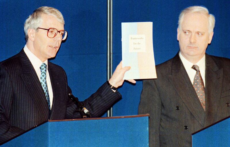 British prime minister John Major (L) and John Bruton unveil the joint framework document intended to be a basis for talks by political parties in the North, on February 22nd, 1995. Photograph: Russell Boyce/REUTERS