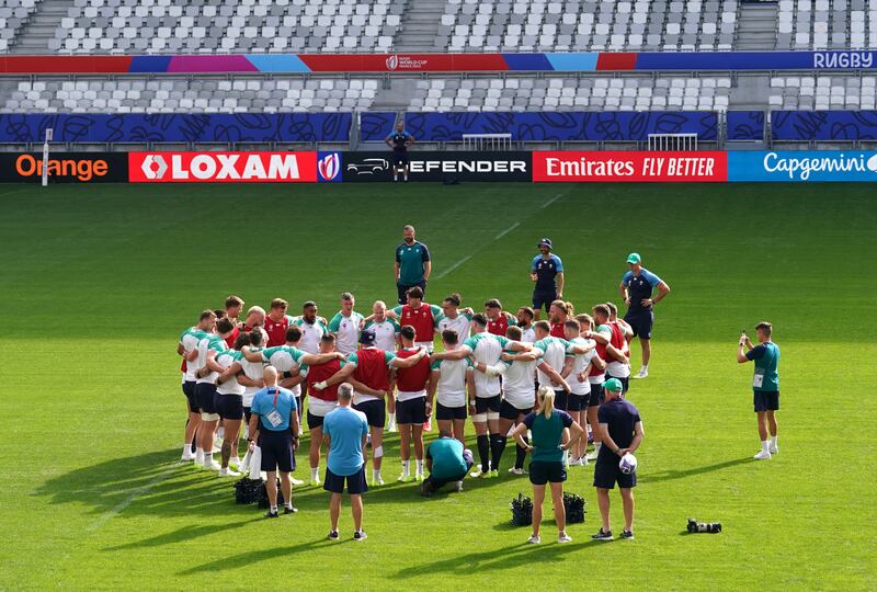 Ireland players - not the Team Of Us, please - huddle at the Stade de Bordeaux on Thursday in the run-up to their Rugby World Cup opening game against Romania. Photograph: David Davies/PA Wire