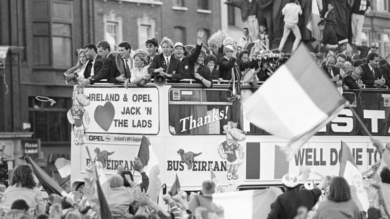 Thousands throng O’Connell Street to greet the Republic of Ireland team upon their return from the World Cup in Italy in 1990