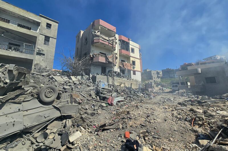 Rubble of destroyed buildings is seen at the site of an Israeli airstrike that targeted a neighborhood in the southern Lebanese village of Sir el Gharbiyeh on March 8th, 2026. Photograph by Kawnat HAJU / AFP via Getty Images