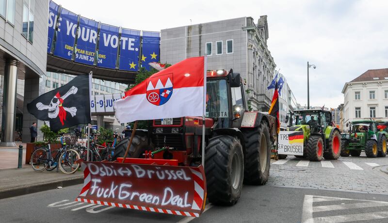 Farmers from the Netherlands, Belgium, Germany and Poland coming from radical groups protest against European green deal in front of European Parliament in Brussels on June 4th. Photograph: Olivier Hoslet/EPA