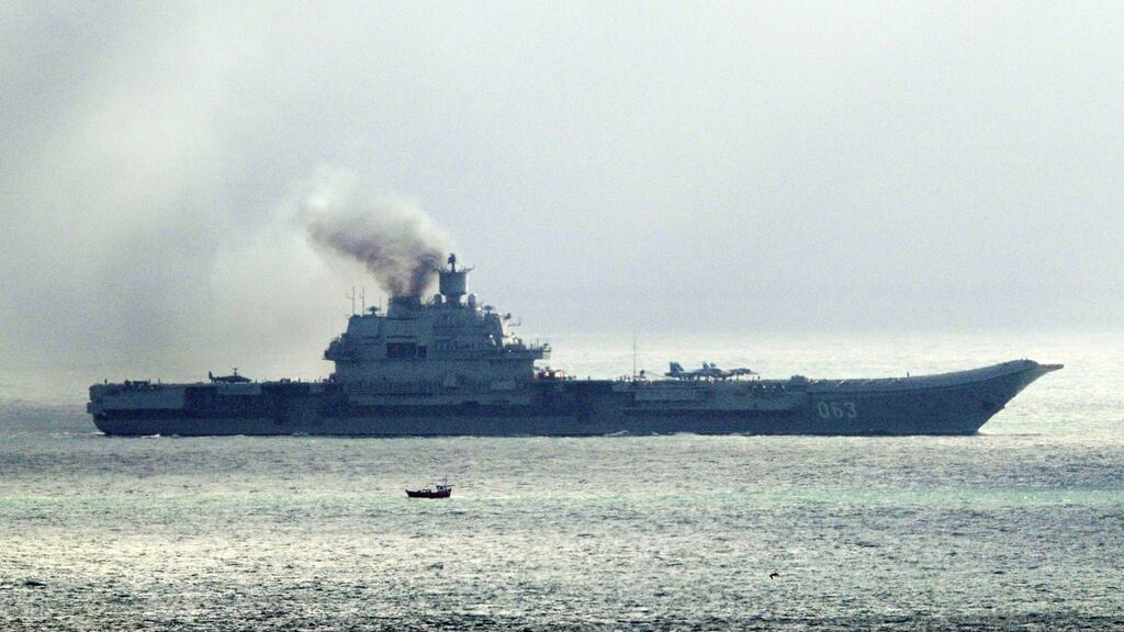 File photo of the Russian aircraft carrier Admiral Kuznetsov, dated October 21st. Photograph: Gareth Fuller/PA Wire