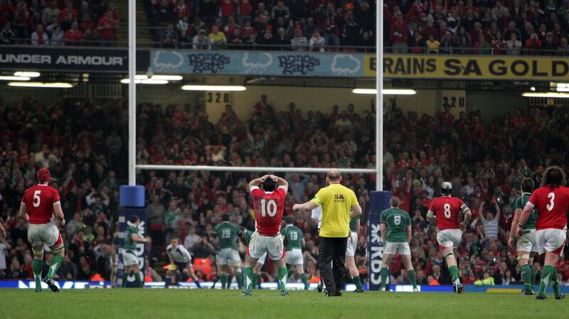 Stephen Jones watches his penalty fall short. Photograph: Morgan Treacy/Inpho